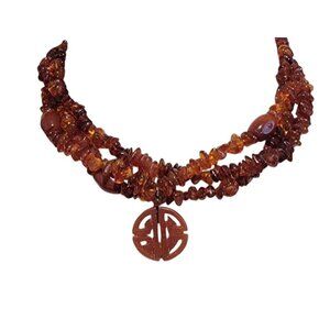 Vtg 3 Strand Baltic Amber Necklace Carnelian Bead Carved Pendant Adjustable .925